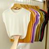 Ice Silk Knitted Sweater Women's Summer Slim Fit Round Neck Solid Color Versatile Off Shoulder Short Sleeved Top