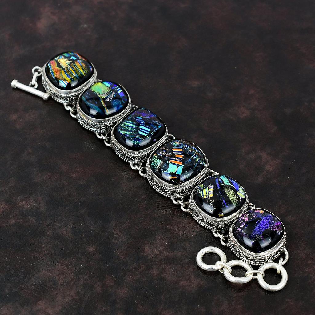 Браслет из американского дихроичного стекла, браслет из стерлингового серебра 925 пробы, регулируемый браслет-цепочка ручной работы, браслет из драгоценных камней, винтажные ювелирные изделия для подарка