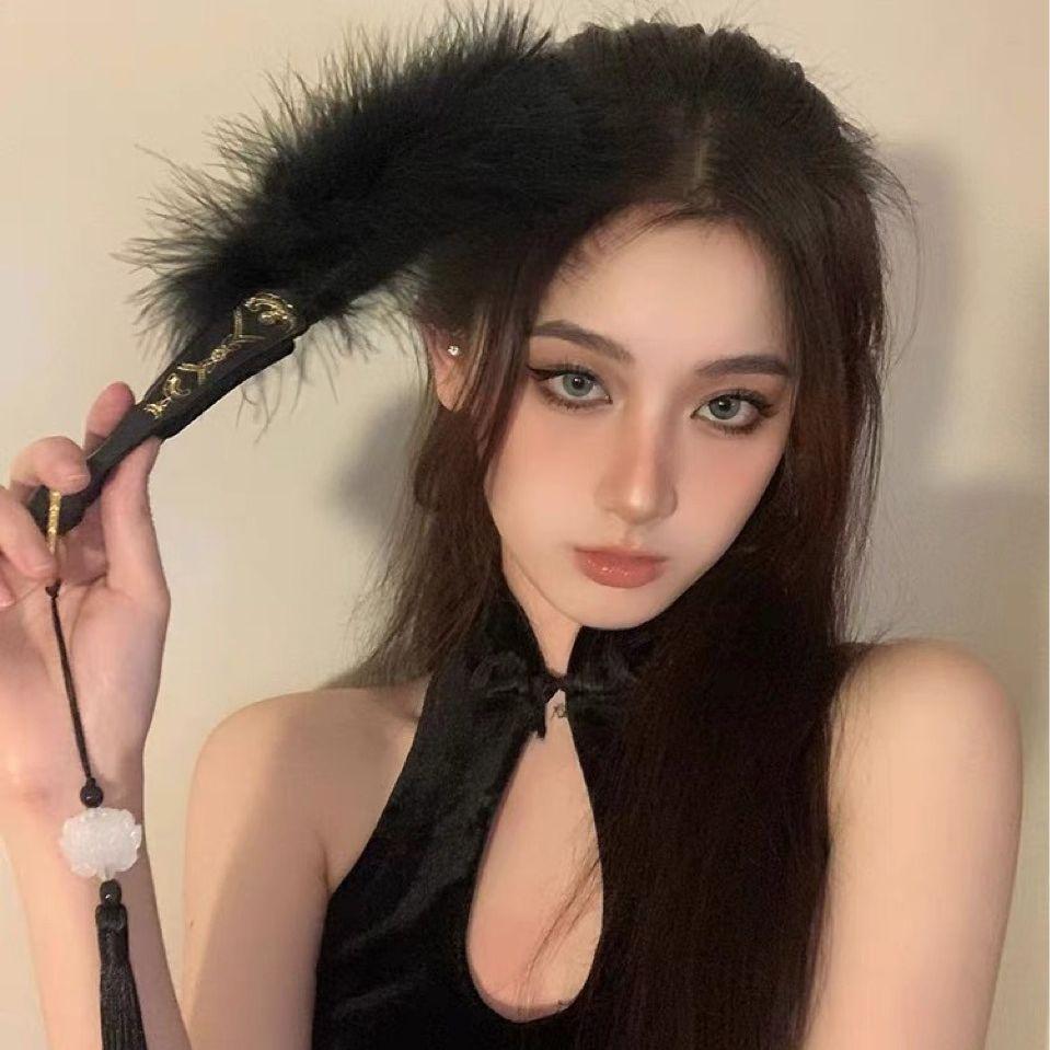 Складной веер ханьфу чонсам в китайском стиле, черное перо, антикварный веер, новый китайский танцевальный веер, рождественское украшение