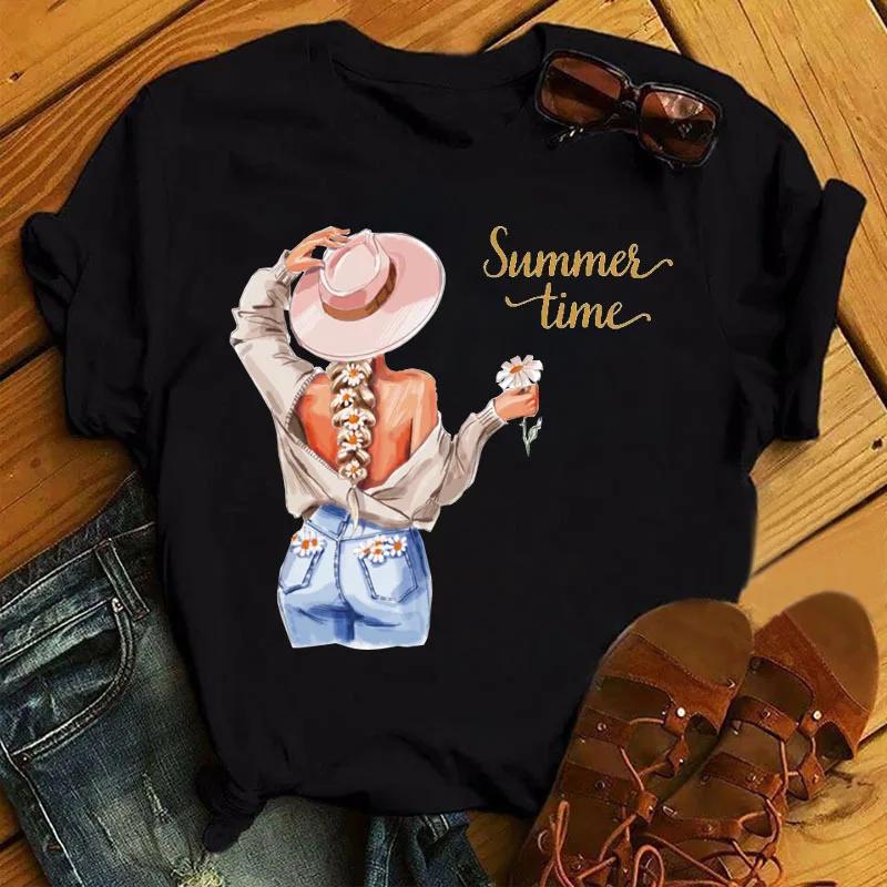 Fun Girl Printed Pattern Round Neck Short Sleeve Tshirt Women on Round Neck European American Tops Tees