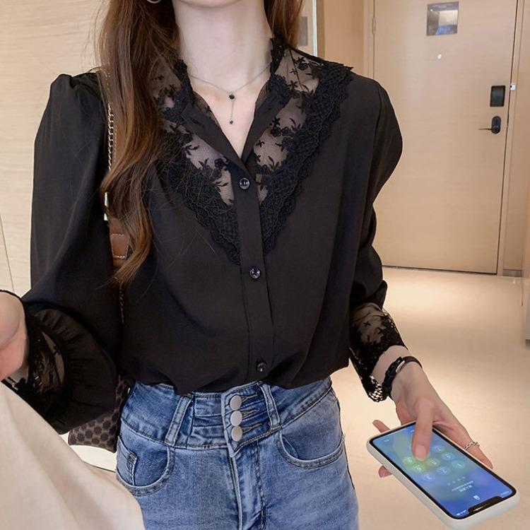 Кружевная базовая рубашка для женщин, весенне-осенняя мягкая блузка, удобный белый, черный топ, шифоновые лоскутные блузки
