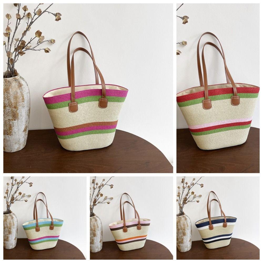 Large Capacity Shopping Straw Bag Polyester Summer Beach Handbag Stripe Woven Tote Bag Female