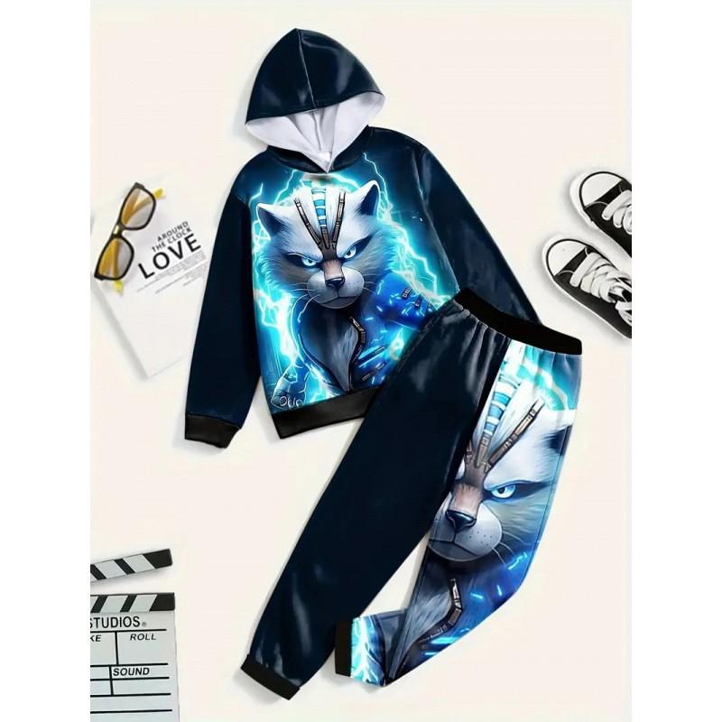Boys Winter 2-Piece Hooded Sweatshirt Set With Cartoon Print Long Pants Casual Outfit Kids 8 Years