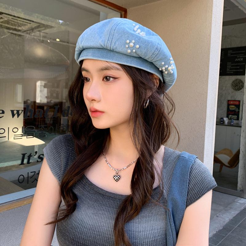 Весенне-осенняя шляпа женская маленькая ароматная ветровая жемчужина декоративный джинсовый берет высокая чувственность универсальная шляпа художника прилив