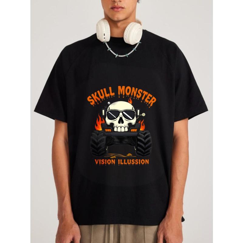 Skull Monster Vision Illusion Graphic T Shirt White Skull with Sunglasses and Flames Design for Casual Wear
