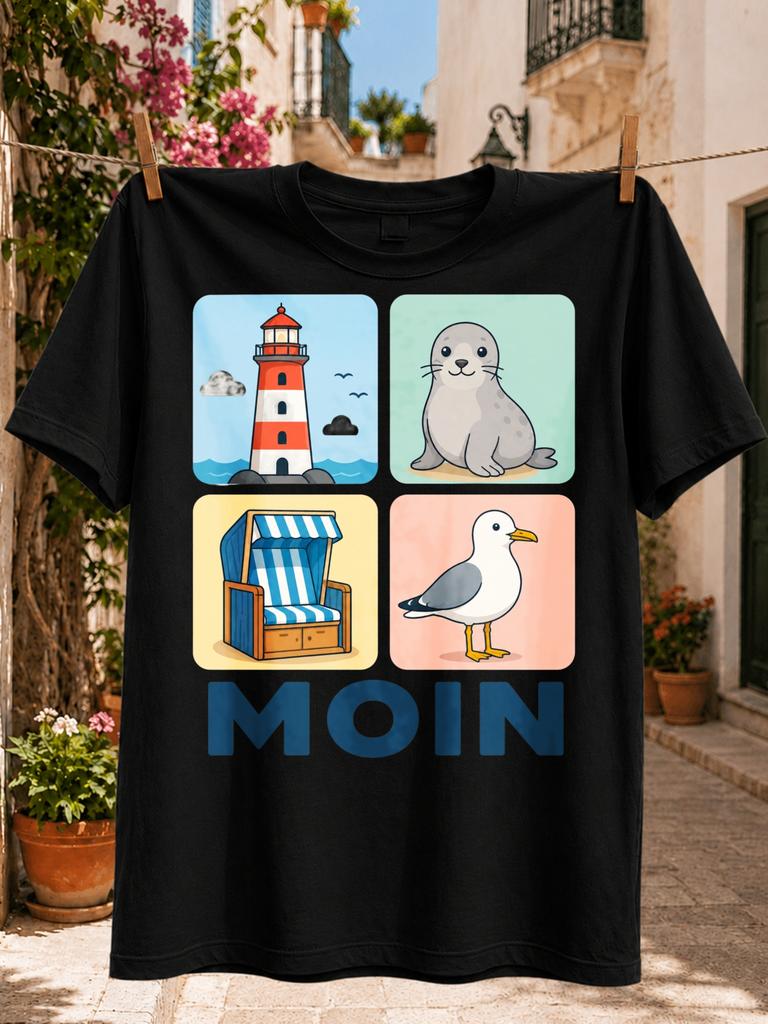 Moin Coastal IconsLighthouse Seal Beach and Seagull in Pastel Squares Graphic Cute Seaside Theme Unisex All TShirt
