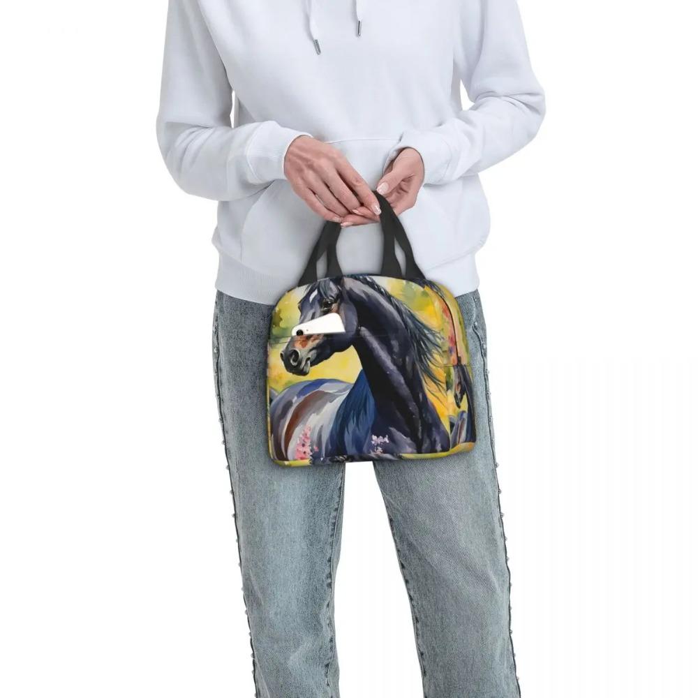 Enchanted Black Horse In Flowers Print Insulated Lunch Bag for Women Children Portable Food Boxes Thermal Lunch Box Tote