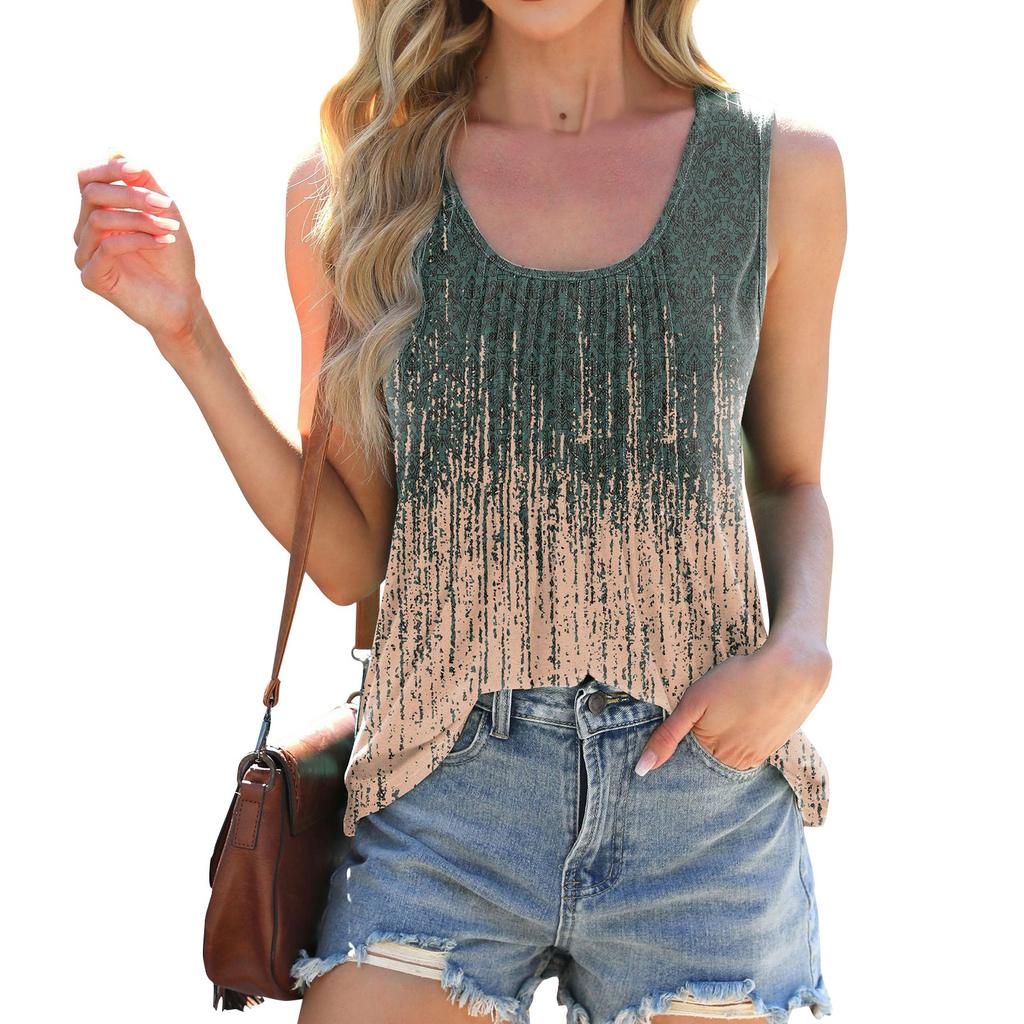 Fashion Round Neck Tie-dye Print Loose Sleeveless T-shirt Vest Woman