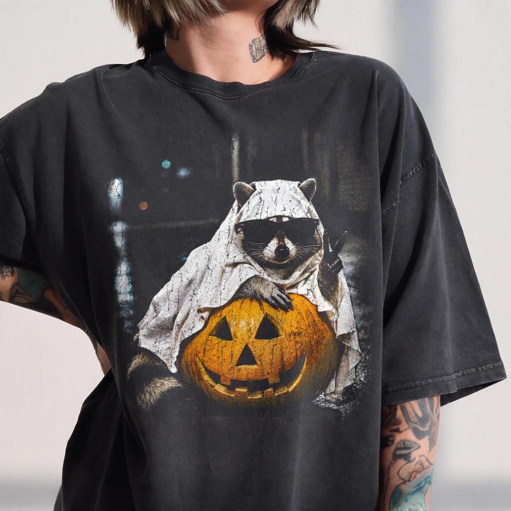 Vintage Raccoon Ghost Pumpkin T-Shirt, Spooky Halloween Tee