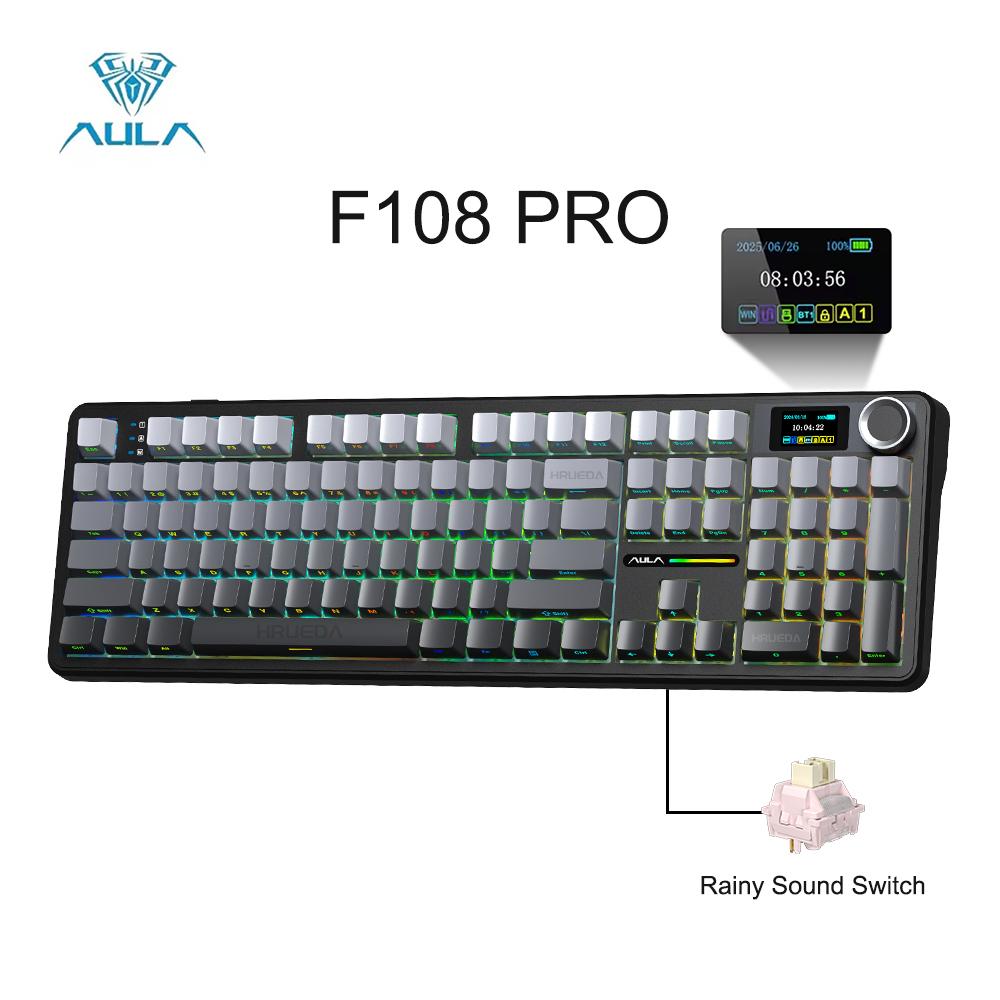 AULA F108 PRO Wireless Mechanical Keyboard with Screen Knob Full Size 8000mAh Battery RGB Backlit Hot Swappable Gaming Keyboard