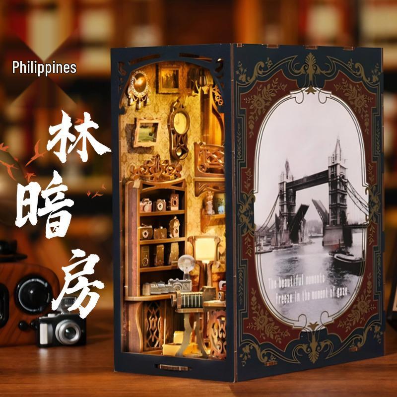 Twilight Cabin Bookends: DIY Wooden 3D Puzzle House Model, Handmade Building Blocks, Assembled Toy Gift.