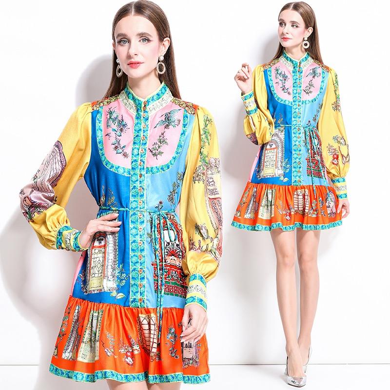 Лето Осень Женщины Винтажный Принт Дизайнер Подиумное Платье Фонарики Рукава Мини Короткие Праздничные Платья Для Вечеринок