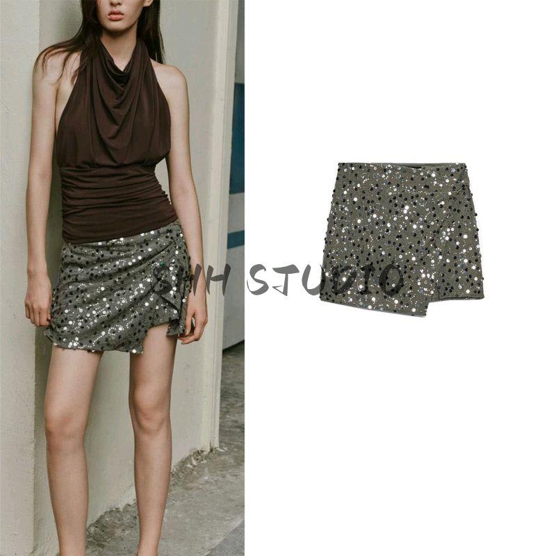Fall New Women's Clothing Commute Leisure Beads Decoration Double Breasted A- Line Asymmetric Mini Skirt 7969226