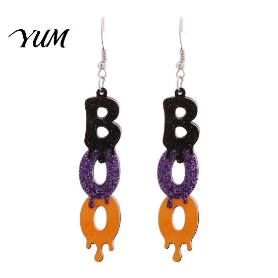 Atmospheric Holiday Celebration Jewelry 1 Pair Glitter Halloween BOO Earrings, Sparkly Acrylic Black Purple Orange Statement for Women Boo Dangle Drop