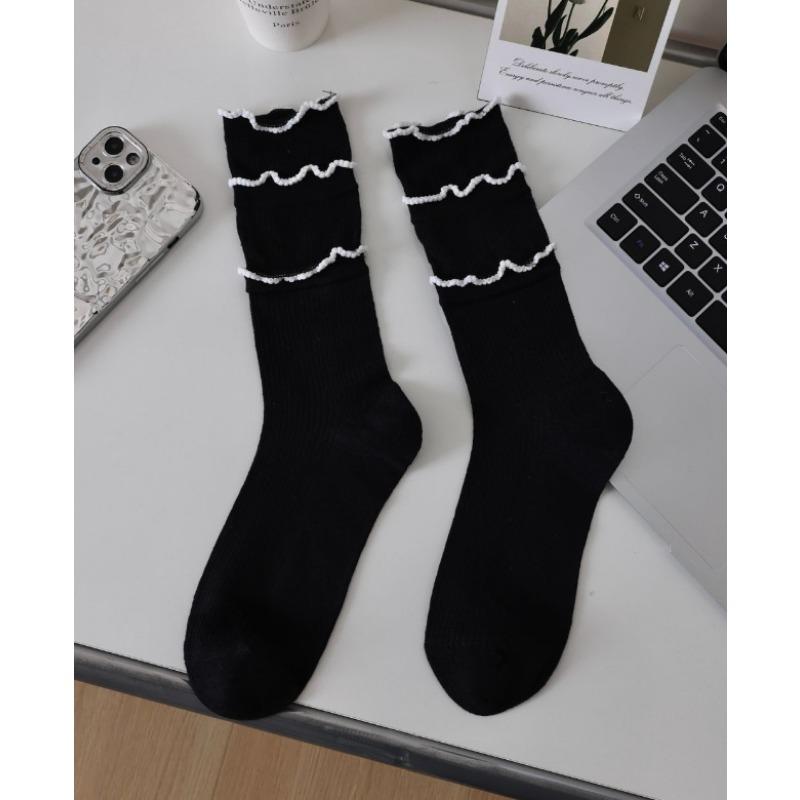 Женские тонкие модные носки с кружевом, однотонные, со швом, с вертикальным рубчиком, бесшовные, до середины икры