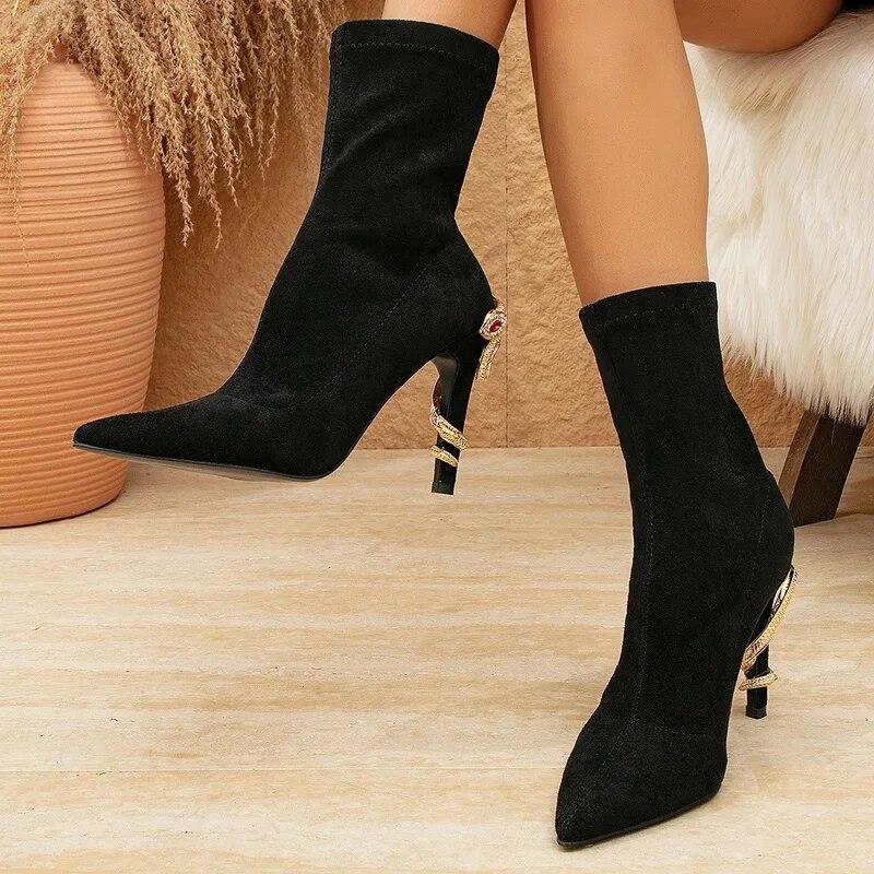 Eilyken Черные туфли на тонком каблуке со стразами и кристаллами, женские ботильоны с острым носком и ремешком, Zapatos De Mujer