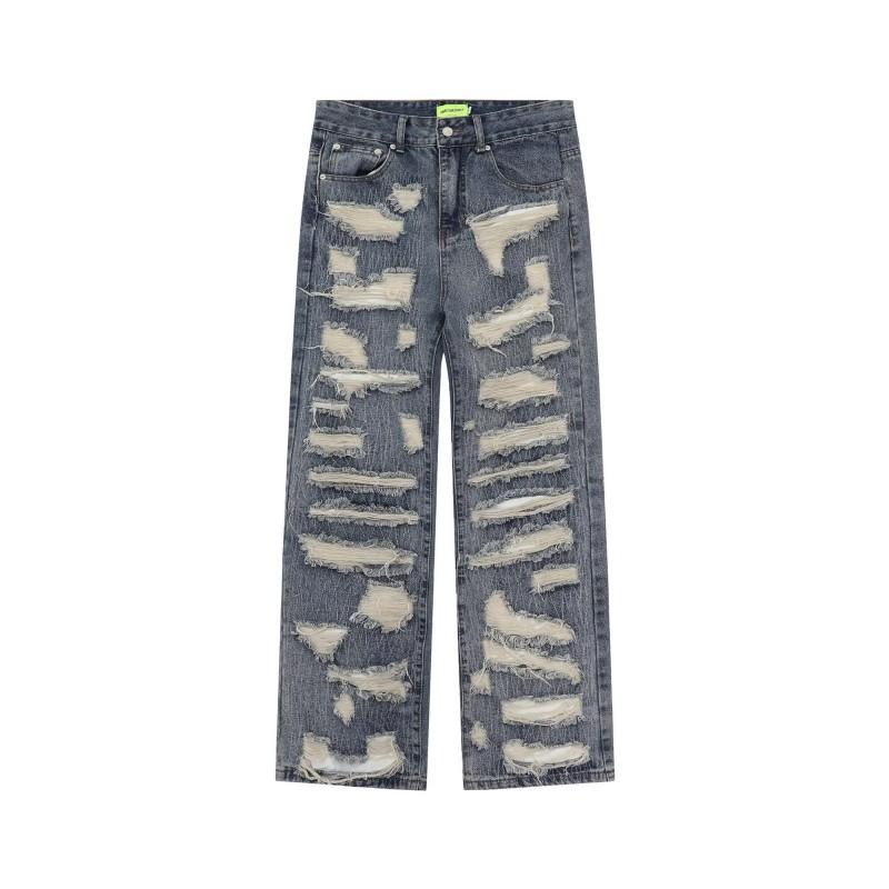 Distressed Straight Fit Denim Jeans Teens Unisex Ripped Washed Cotton Blend Casual Pants Fall
