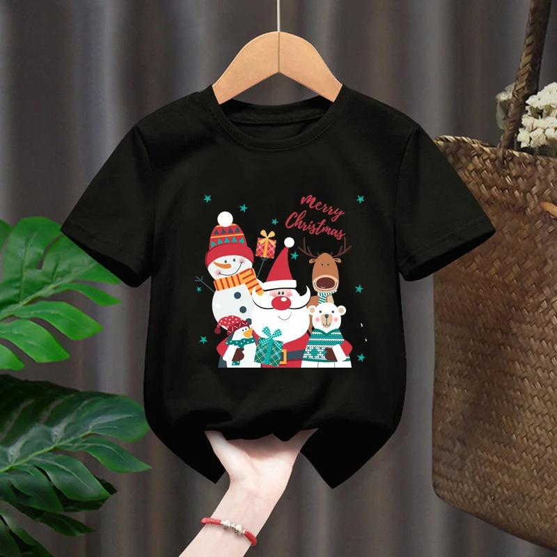 Повседневный мультяшный топ-футболка для мальчиков и девочек, рождественский Санта-Клаус, олень, с коротким рукавом, детская одежда, круглый вырез