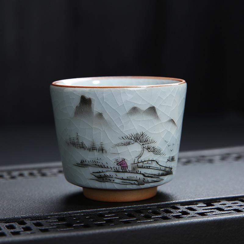 Керамическая дегустационная чашка для чая Ру kiln, ручная роспись, глазурь кракле, для Пуэра, Кунг-фу, одиночная чашка, ретро, мастер-чашка с принтомLOG