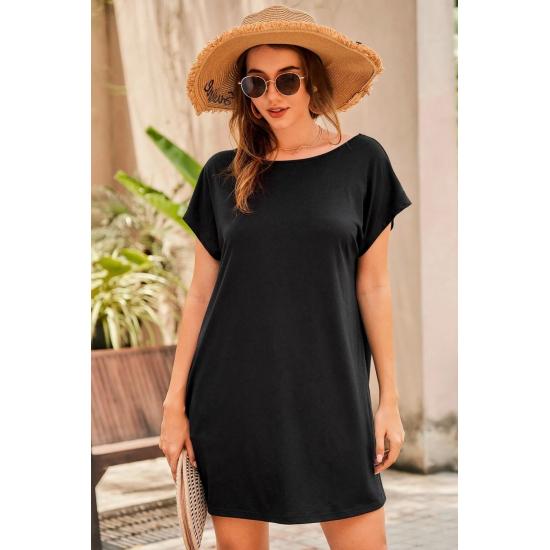 Сарафаны Женское черное платье оверсайз с круглым вырезом и принтом бабочки на спине