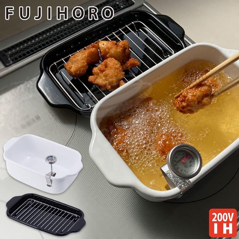 Эмалированный квадратный термометр для кастрюли Fuji Horo Tempura, в комплекте IH-совместимая лопатка для жареной пищи с крылом для сушки, белый W TP-20K