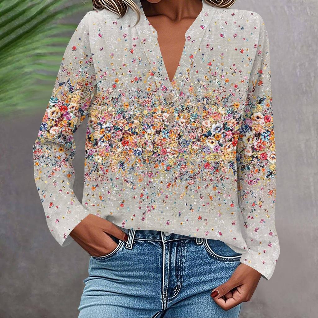 Женская модная и повседневная рубашка с длинным рукавом, V-образным вырезом, на пуговицах, с принтом, блузка, топ