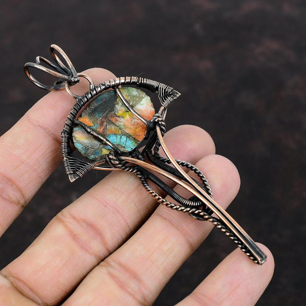 Колючая устрица Медная бирюзовая подвеска Медная проволочная обертка Подвеска ручной работы Красивый драгоценный камень Подвеска Медные украшения Подарок на помолвку