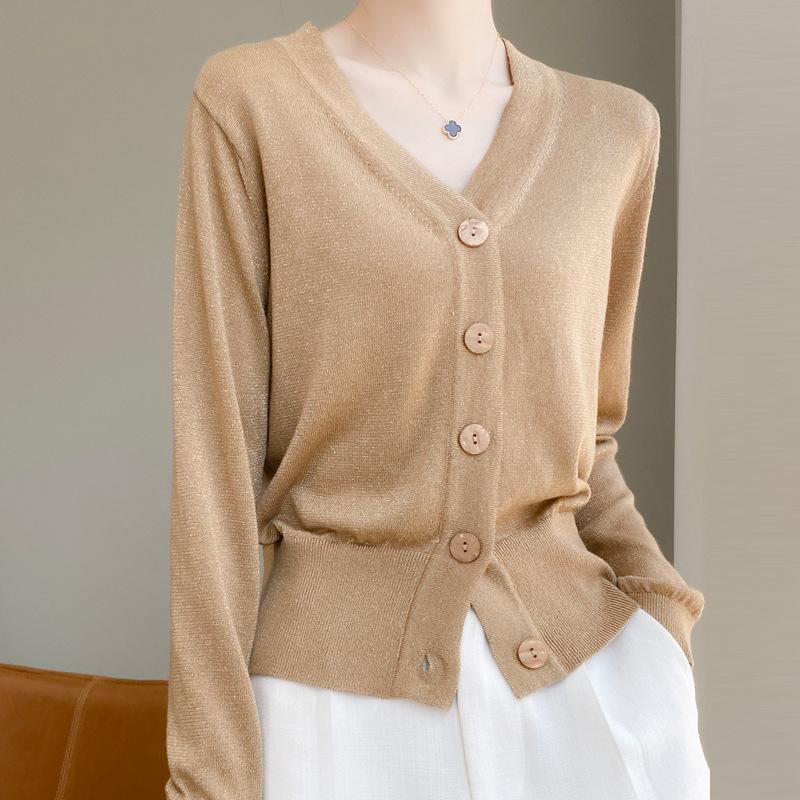 Весенне-осенний женский трикотаж, короткий свободный вязаный кардиган с длинными рукавами и v-образным вырезом, однотонная пряжка