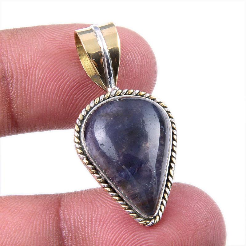 Natural Iolite Gemstone 925 Solid Sterling Silver Two Tone Pendant 1.25'' s0J09