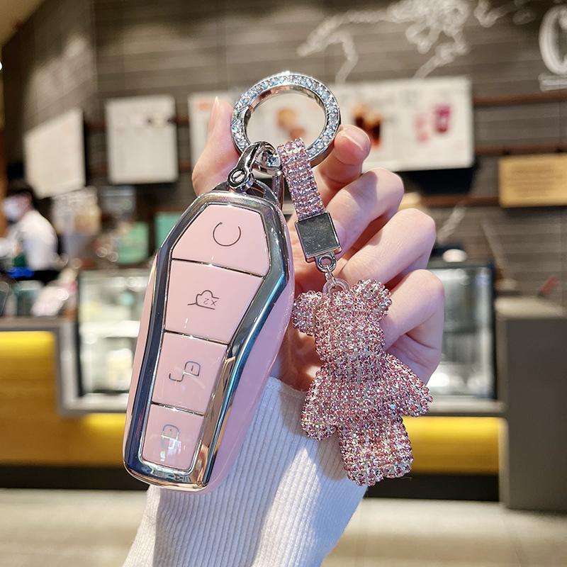Pink 4 Buttons Keychain with Key Fob Cover Case Shell for BYD Atto 3 Han EV Dolphin Remote Control Protect Cover Auto Accessori
