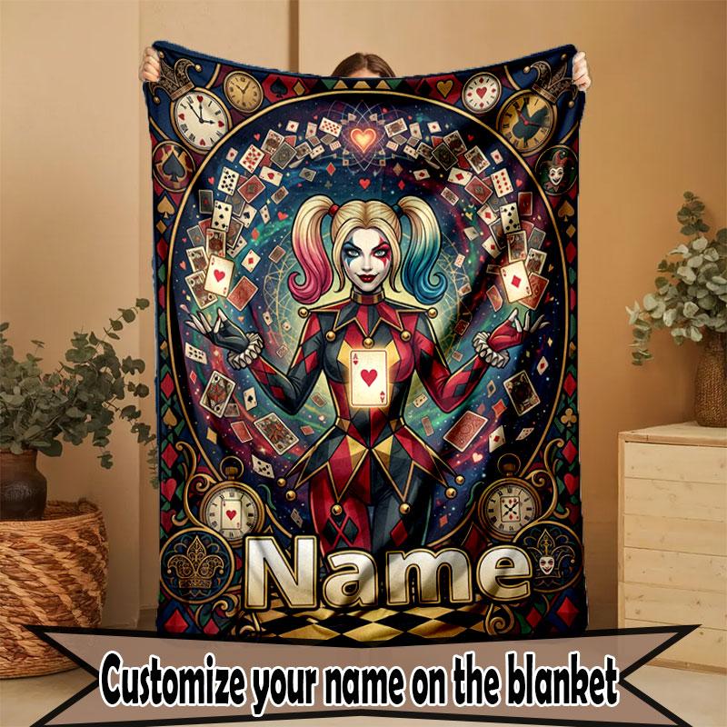 Custom Name Personalized Harley Quinn Print Blanket, Home Decor, Bedroom, Sofa, Camping, Couch, Gifts for Birthday Christmas