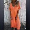 Casual Spring Summer Loose Short Sleeved V-neck Solid Color Cotton Linen Dress