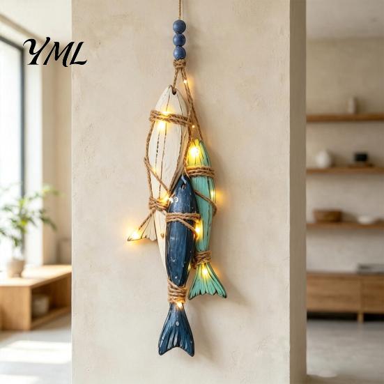 Maritime Inspired Home Accessories Lighted Wooden Fish Starfish Wall Decor, Beachy Decor with Warm LEDs, Handmade Beach Style Accents Coastal Nautical