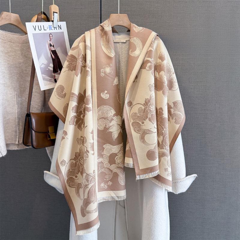 Autumn and Winter New Peony Flower Print Scarf Women's Retro Contrasting Color Imitation Cashmere Thickened Warm Fringed Shawl