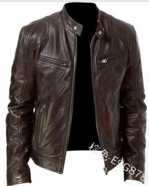 Winter Business Gentleman Warm Zip Cardigan Pocket Decorative PU Leather Jacket Stand Neck Slim Zip Leather Jacket