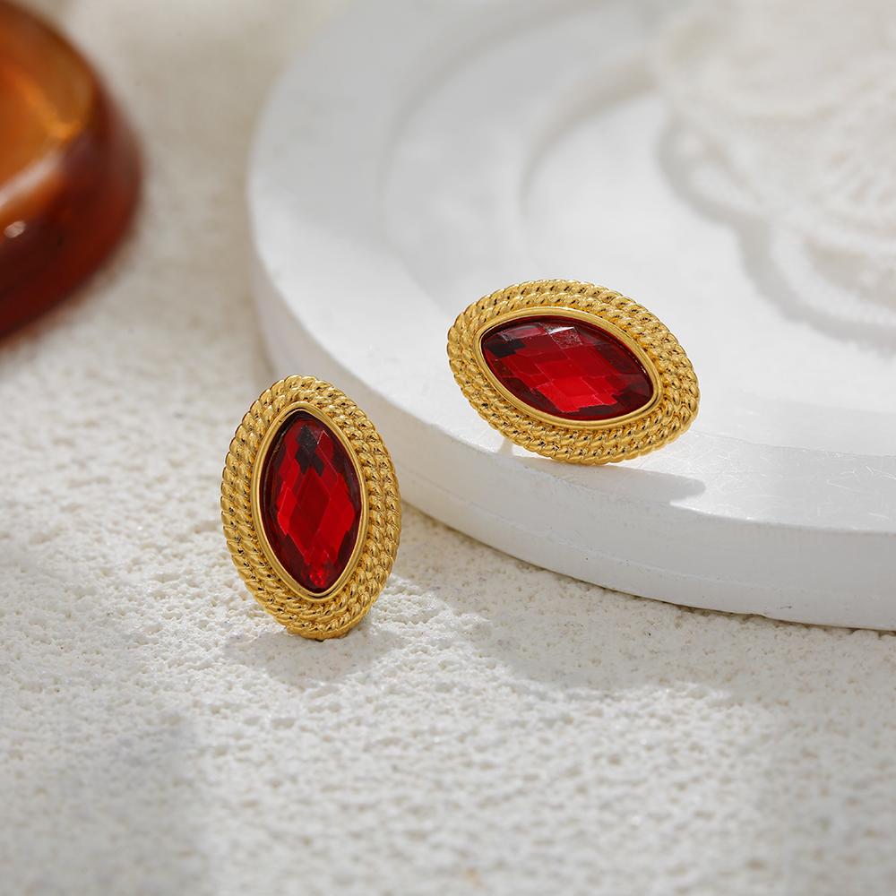 Dainty Olive Shape CZ Zircon Stud Earrigs for Women Shiny Red Geometric Stone Waterproof Woven Texture Gold Plated Studs Jewelry