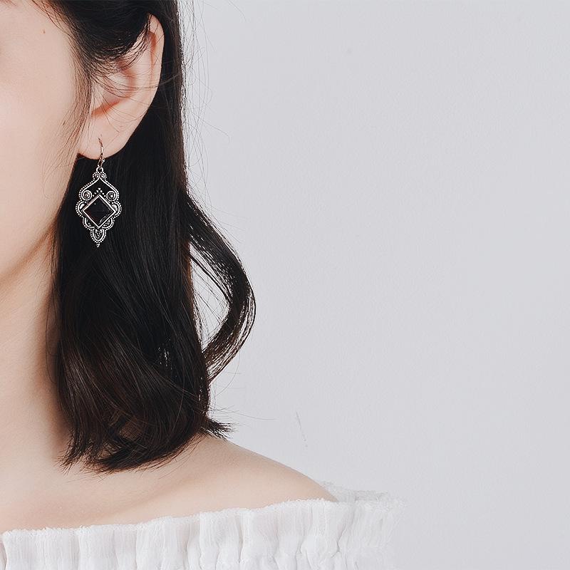 Zhenrong Retro Ruby & Zircon Square Earrings - European & American Style S925 Thai Silver Plated