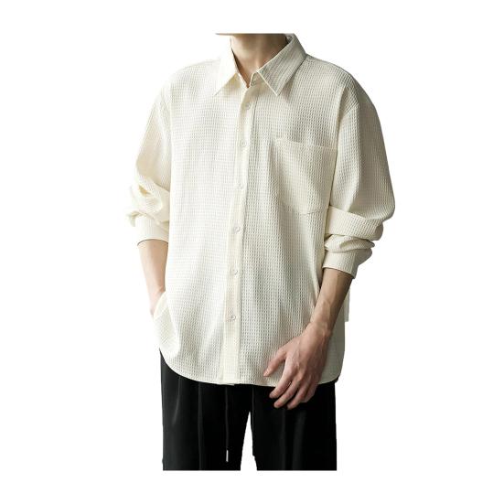 Мужская вафельная рубашка на пуговицах с длинным рукавом, повседневная свободная футболка с нагрудным карманом, мужская осенняя деловая рубашка