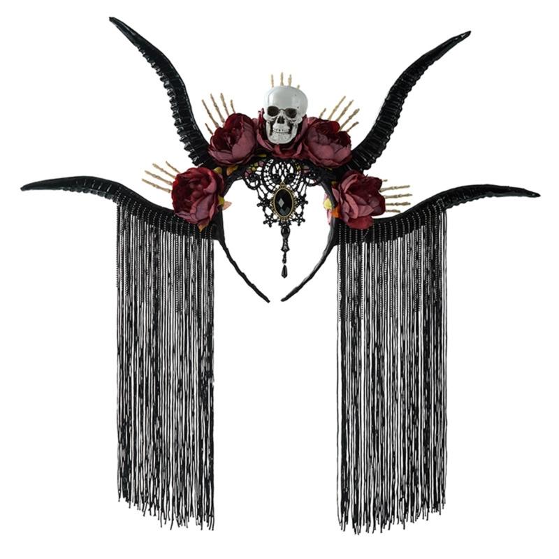 Dark Series Skull Antelope Horn Hairband With Skull Flower Design For Halloween Costume Party Dressingup Accessories