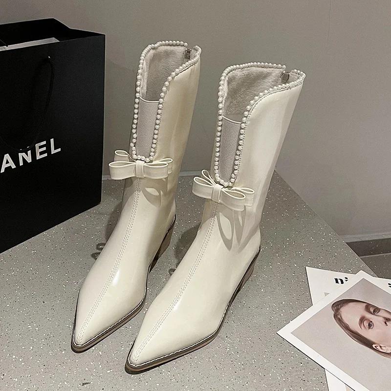 Butterfly-knot Mid-calf Modern Boots Square Heel Pointed Toe Ladies Shoes On Sale 2024 Brand Mid Heel Solid Novelty Boots