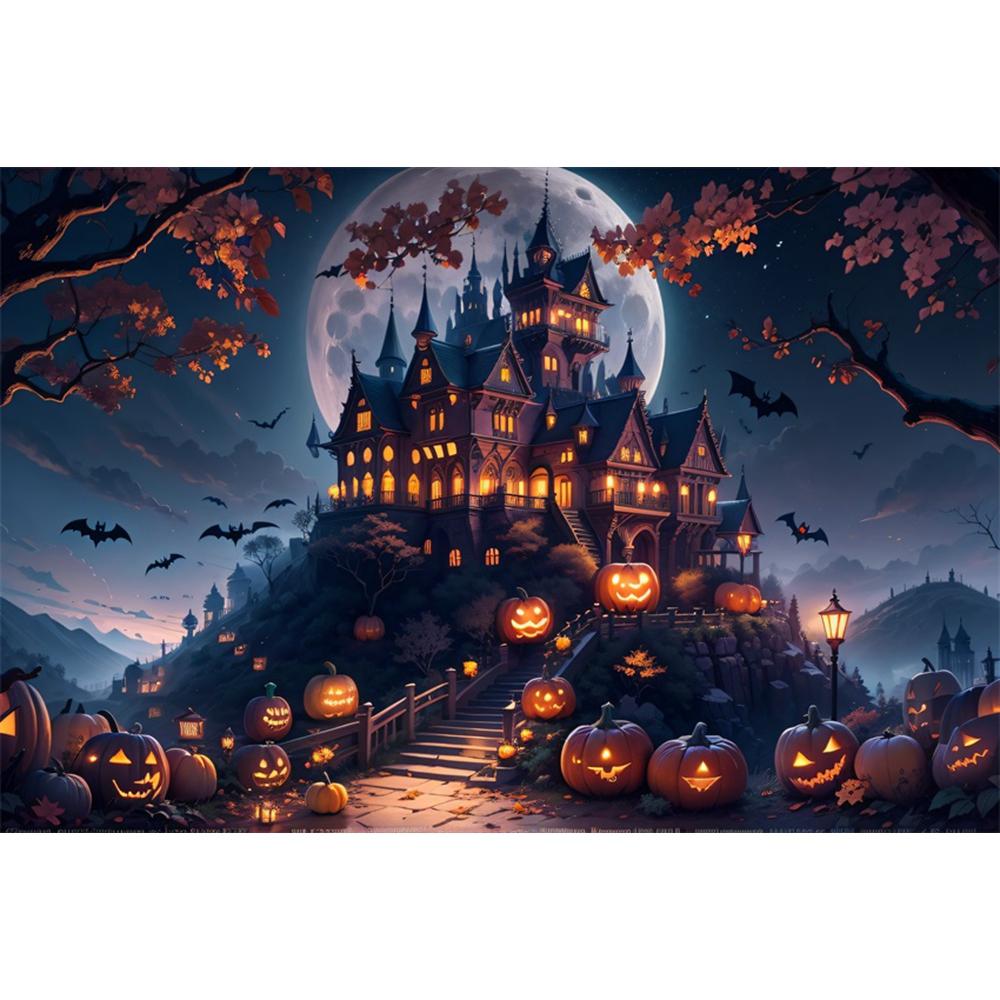 1pc Halloween Party Backdrop Moon Gothic Castle Evil Pumpkin Waterproof Banner for Halloween Themed Party Background Decoration