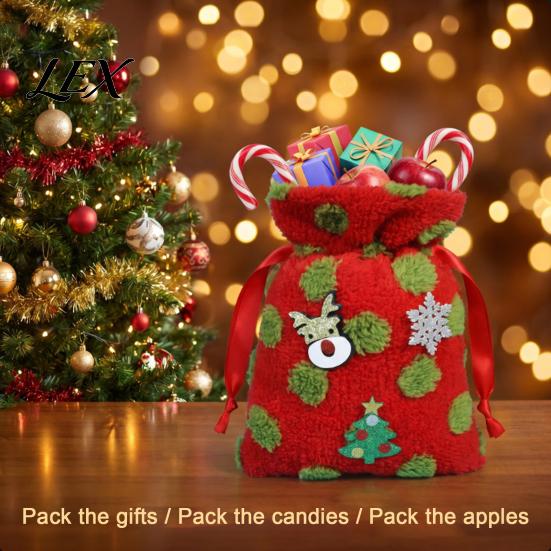 Christmas Gift Bags Plush Bag with Drawstring, Soft Santa Sack for Candy Reusable Fabric Apples Presents, Holiday Wrapping Pouch Xmas Party Favors Red