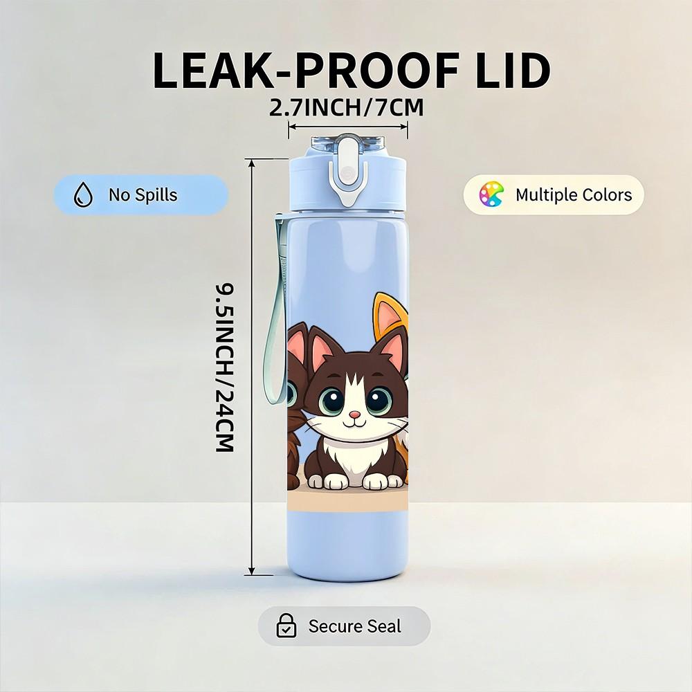 1PC Two Cute Kittens Cartoon 750ml Color Plastic Sports Water Bottle Leakproof Flip Straw Lid Suitable for Sports Office Home Use