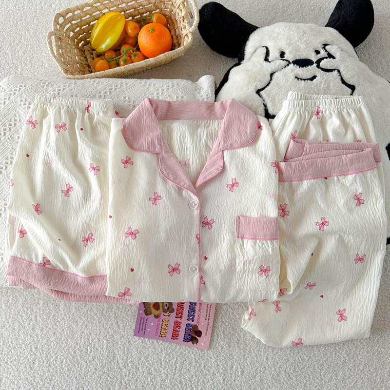 Womens Cloud Cotton Pajama Set Short Sleeve Bow Loose Loungewear 3pcs