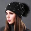 Autumn Winter Beads Double Layer Cotton Pullover Hat Women Versatile Raccoon Ball Fur Warm Cap