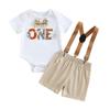 Chaqaloq o'g'il bolalar uchun yozgi kiyim to'plamlari Oq qisqa yengli harfli printli rompers + bir xil rangli suspenderli shortlar