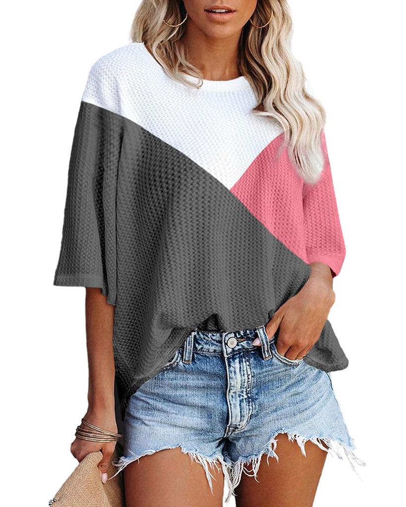 Azura Exchange Strawberry Pink Colorblock Waffle Knit Half Sleeve T Shirt