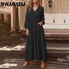 IHUASU Women's Cotton Maxi Dress Long Sleeve Ruffle Pocket