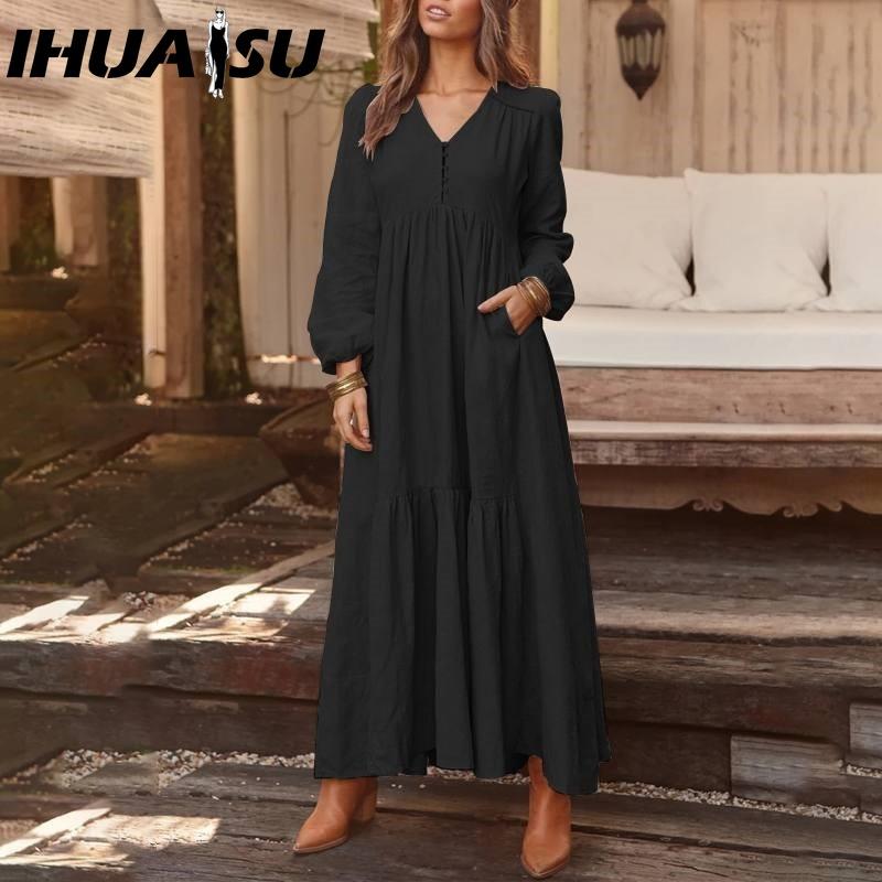 IHUASU Women's Cotton Maxi Dress Long Sleeve Ruffle Pocket