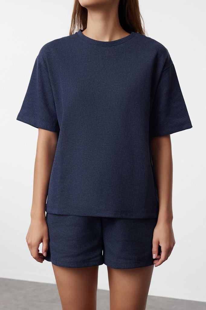 Women's Fashion Indigo Waffle Fabric Knitted Pajama Set